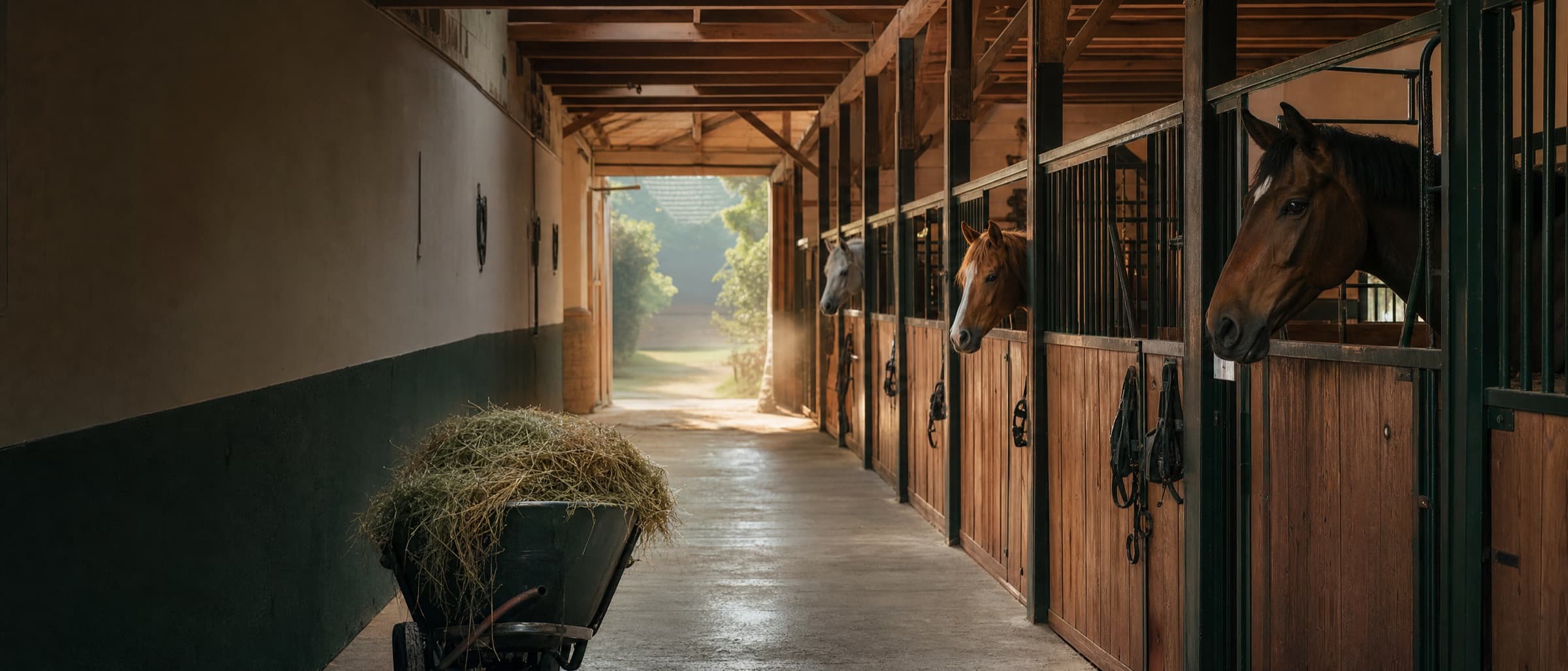 Stallgasse eines Pensionsstalls am Morgen, Pferde schauen aus ihren Boxen